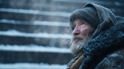 Elderly man looking upward on snowy outdoor steps during a cold winter day creating a thoughtful emotional portrait ideal for social themes documentary visuals and human stories 