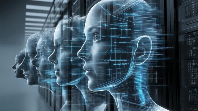 Futuristic digital representation of human-like faces in a high-tech environment