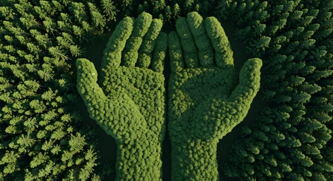 Aerial view of a forest shaped like hands, symbolizing environmental protection and nature conservation.
