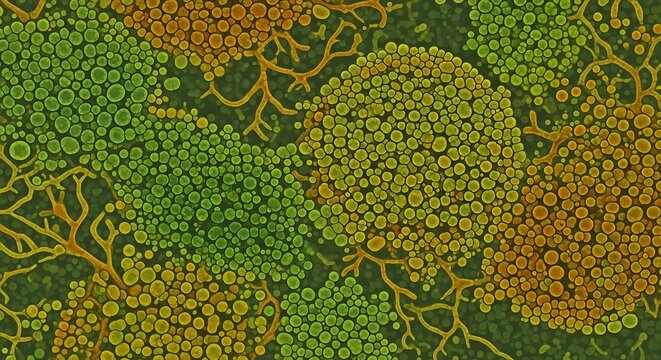 Close-up colorful microscopic view of cells interconnected with branches, showcasing structure. Concept for scientific research, pharmaceutical development and biology textbook