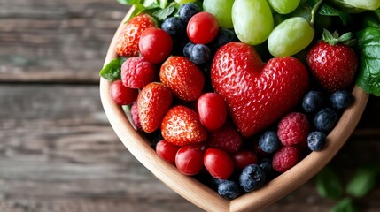 Colorful heart-shaped bowl filled with fresh fruits on wooden table