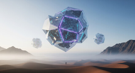 Futuristic abstract geometric crystal structure floating over desert dunes with small human silhouette and copy space.