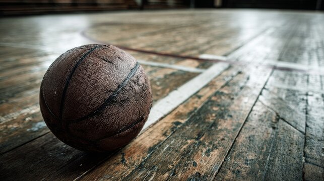 Worn Basketball on Weathered Gym Floor with Lines and Twists in Focus, Capturing the Essence of Outdoor and Indoor Sports Activity