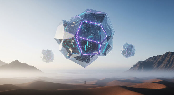 Futuristic abstract geometric crystal structure floating over desert dunes with small human silhouette and copy space. - Powered by Adobe