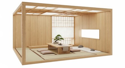 Minimalist japanese interior design with table and bonsai tree
