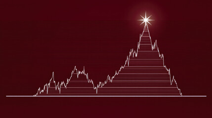 Stock market chart peak with glowing star, financial graph on red background, investment risk, economic volatility