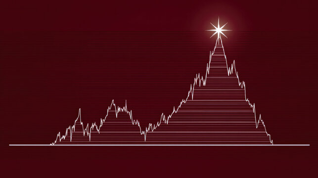 Stock market chart peak with glowing star, financial graph on red background, investment risk, economic volatility
