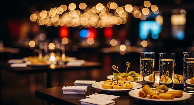 Catered event with appetizers and drinks in a warmly lit venue perfect for celebrations, corporate gatherings, or upscale social events with a sophisticated atmosphere