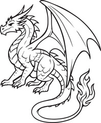 Naklejka premium Black and white illustration of a mythical dragon with large wings and a fiery tail mythical creature