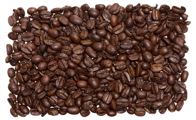 Scattered roasted coffee beans on isolated background, top view