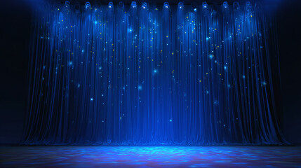 An empty stage with blue curtains and spotlights, creating a dramatic atmosphere. The stage is set, the show is about to begin
