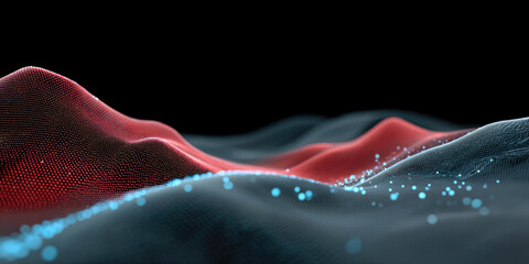 Abstract digital landscape with red and blue glowing dots, futuristic wave pattern, technology background, dynamic and modern design
