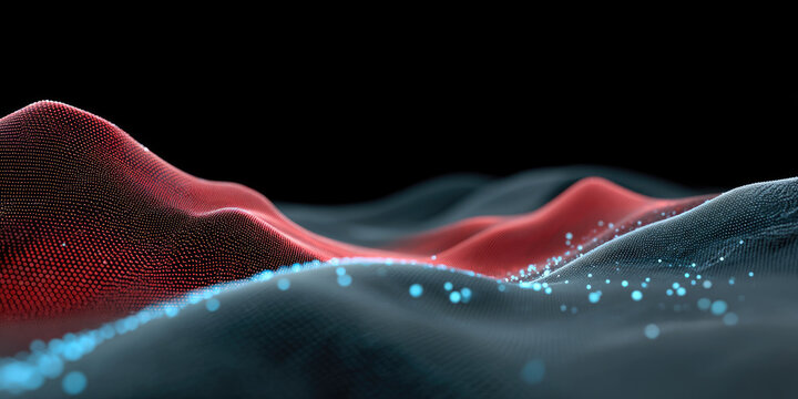 Abstract digital landscape with red and blue glowing dots, futuristic wave pattern, technology background, dynamic and modern design