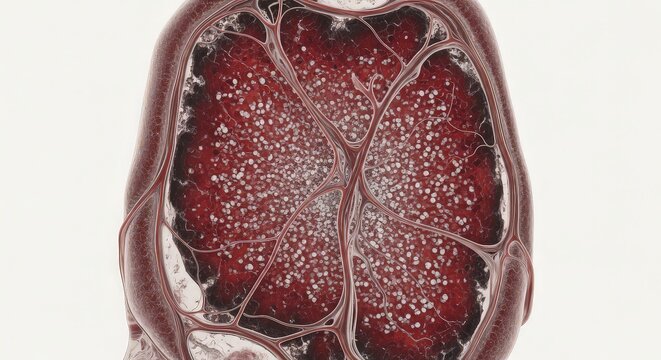 Abstract illustration of a biological structure in shades of red and white