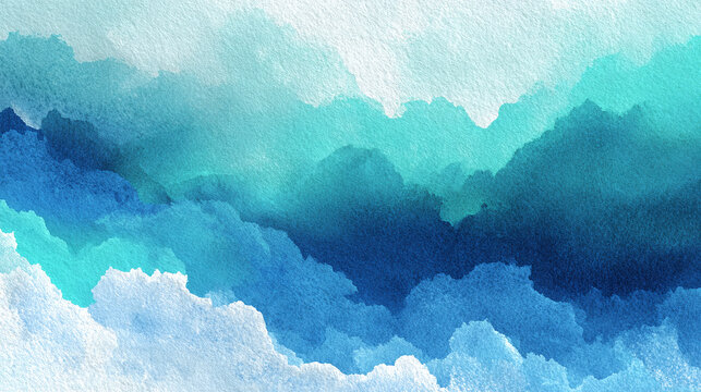 A serene watercolor painting of layered blue clouds and mountains, creating a sense of depth and tranquility. The artwork has a soft, ethereal quality and evokes feelings of calmness and peace.