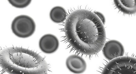 Microscopic view of cells with spiky structures in monochrome against white