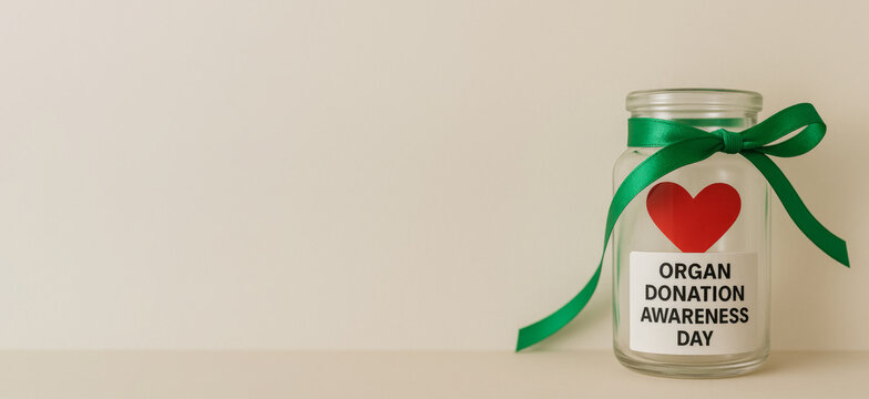 Organ donation awareness day jar with heart and green ribbon, copy space - Powered by Adobe