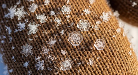 Close-up of Intricate Snowflakes on Warm Knit Fabric during Winter Seasonal Change