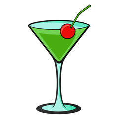 A stylized illustration of a green martini in a cocktail glass, garnished with a red cherry and a green straw.