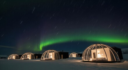 Stunning Northern Lights Over Unique Glass Domes in Snowy Landscape at Night