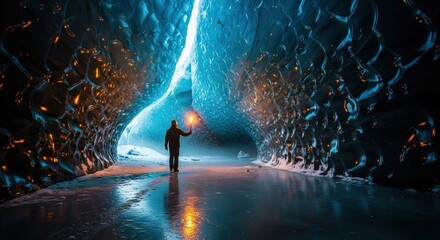 Stunning Ice Cave Exploration with a Traveler Holding a Torch in a Glacial Environment