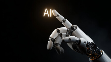 AI Futuristic Interaction: A robotic hand extends towards glowing AI, representing the cutting edge of technological advancement and human-machine interaction.