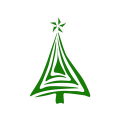 Geometric outline Christmas tree &mdash; modern linear icon. Stylish outline Christmas tree with geometric lines and red star. Modern holiday linear vector.