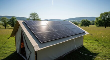 Solar Panels on Tent in Nature with Green Landscape and Clear Blue Sky