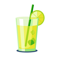 A tall glass filled with a bright yellow beverage, ice cubes, a green straw, and a lime slice garnish on a white background.