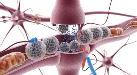 Medical illustration of a synapse with neuron cells for scientific study