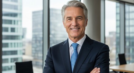 Portrait of a smiling mature businessman in a suit with cityscape background in a modern office space
