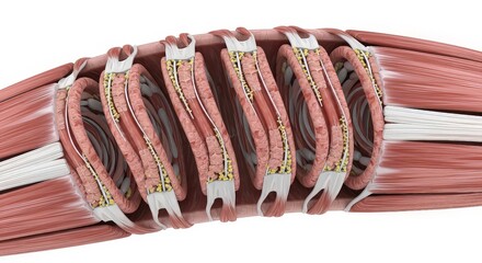 Anatomical illustration of muscle and tendon structure with detail on white