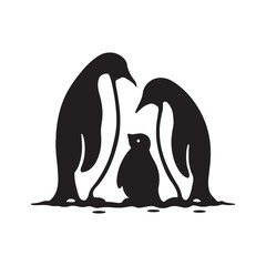 Penguin Family Standing on Icy Ground Silhouette Vector Icon on White Background