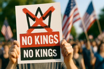 Protest sign reading NO KINGS NO KINGS held at a demonstration © dvoevnore