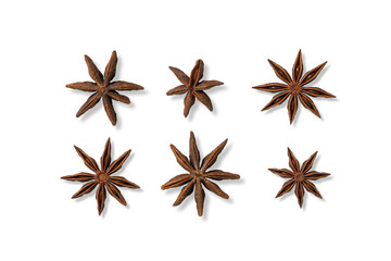 Collection of star anise spice isolated on a transparent background, PNG. High Resolution. Natural Aromatic Spice for Cooking and Baking, elements for Christmas and winter decoration design.