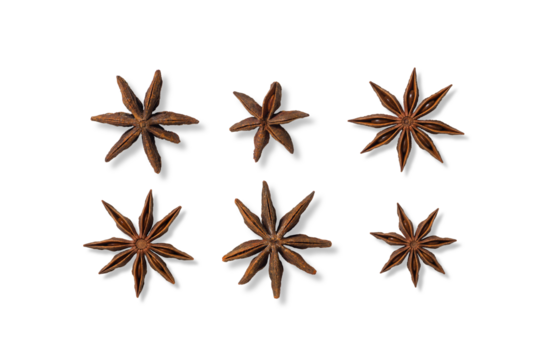 Collection of star anise spice isolated on a transparent background, PNG. High Resolution. Natural Aromatic Spice for Cooking and Baking, elements for Christmas and winter decoration design.