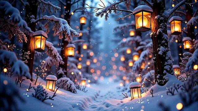Enchanted snowy forest pathway with glowing lanterns and magical winter lights.
