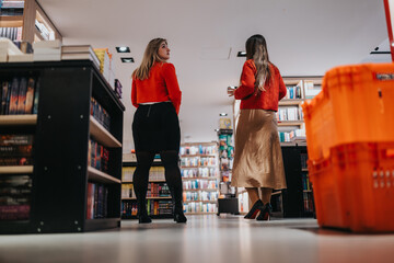 Two women in red jackets browse a well stocked bookstore, sharing a moment of conversation as they examine shelves filled with books. The scene suggests shopping, friendship, and casual exploration.