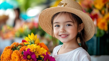 A cheerful young asian girl wears a straw hat and holds a colorful bouquet of flowers at a bustling market
