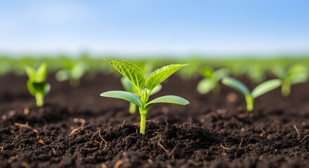 Young green seedlings sprouting in rich soil under a clear blue sky