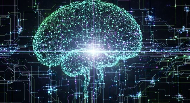 Artificial intelligence brain with circuit board connections on dark background. Concept for machine learning, neural network and deep learning
