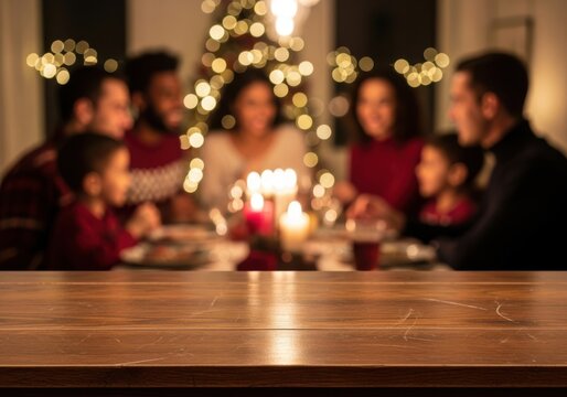 Rustic wooden table with blurred family enjoying christmas dinner in background, creating a warm and inviting atmosphere for festive celebrations