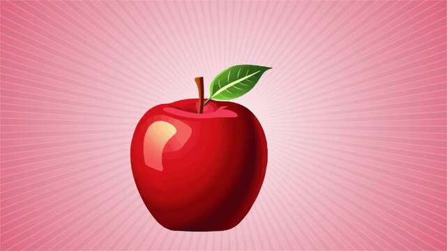 A single red apple with a green leaf on a pink background with radiating lines animation video, 4k video