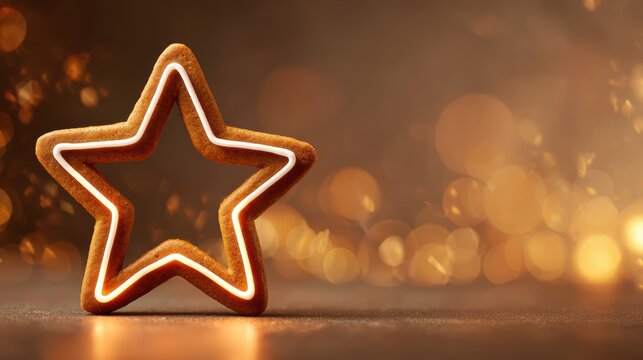 Star-shaped gingerbread cookie with white icing against a bokeh background