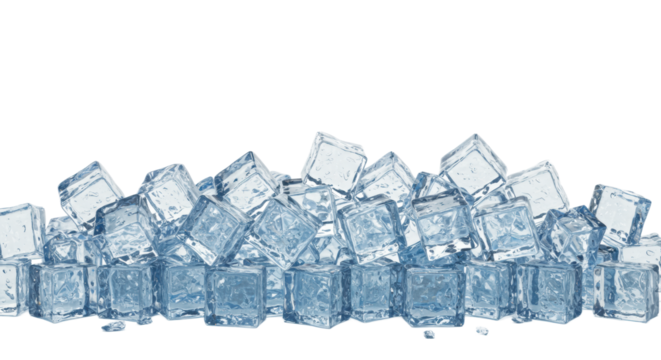 Voluminous pile of distinct, crystal-clear ice cubes with a subtle blue tint, reflecting light on a transparent background, prime lens close-up, sharp focus. Concept for beverage advertising