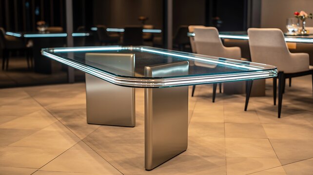 Modern glass dining table with illuminated edges in luxury interior
