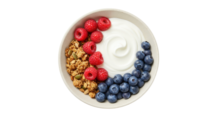 Overhead flat lay of a pristine light ceramic bowl filled with swirled Greek yogurt, crunchy granola, red raspberries, and blue blueberries on a transparent background. Healthy food concept