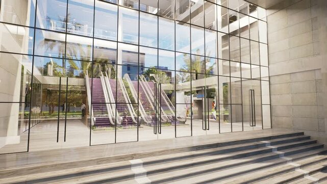 Glass front of modern office building with steps and three men
