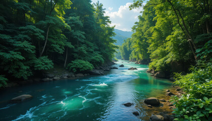 Turquoise river flows through a lush green forest