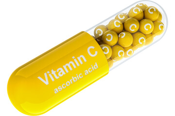 Vitamin C capsule, ascorbic acid, transparent background